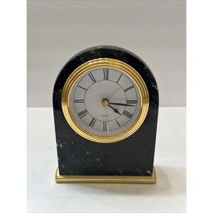 Vintage Black Marble Desk Click Quartz Gold Trim Alarm Battery Small 4.5" Works